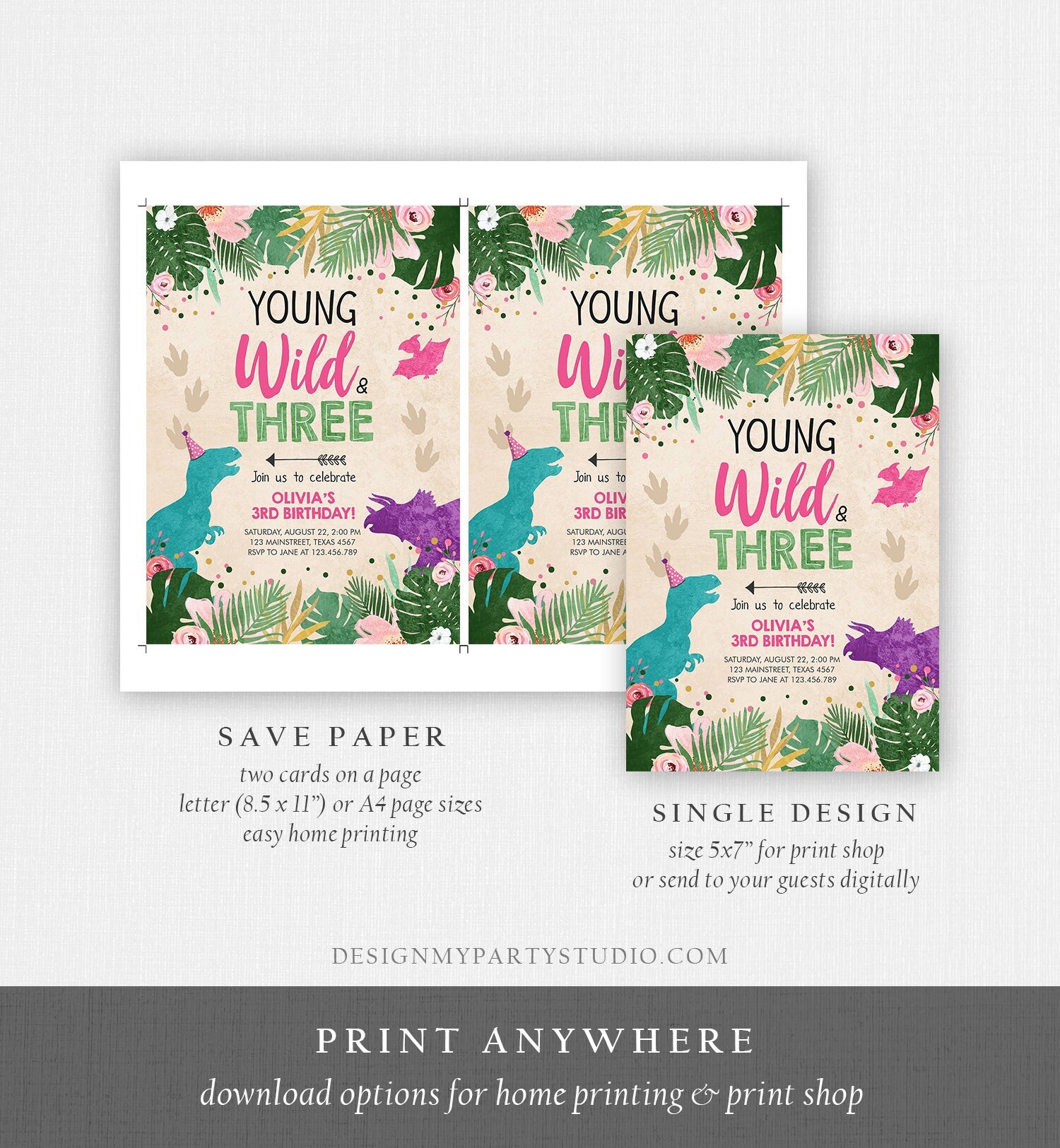 Editable Young Wild and Three Birthday Invitation Dinosaur Dino Party Girl 3rd Third Birthday Pink Purple Corjl Template Printable 0388