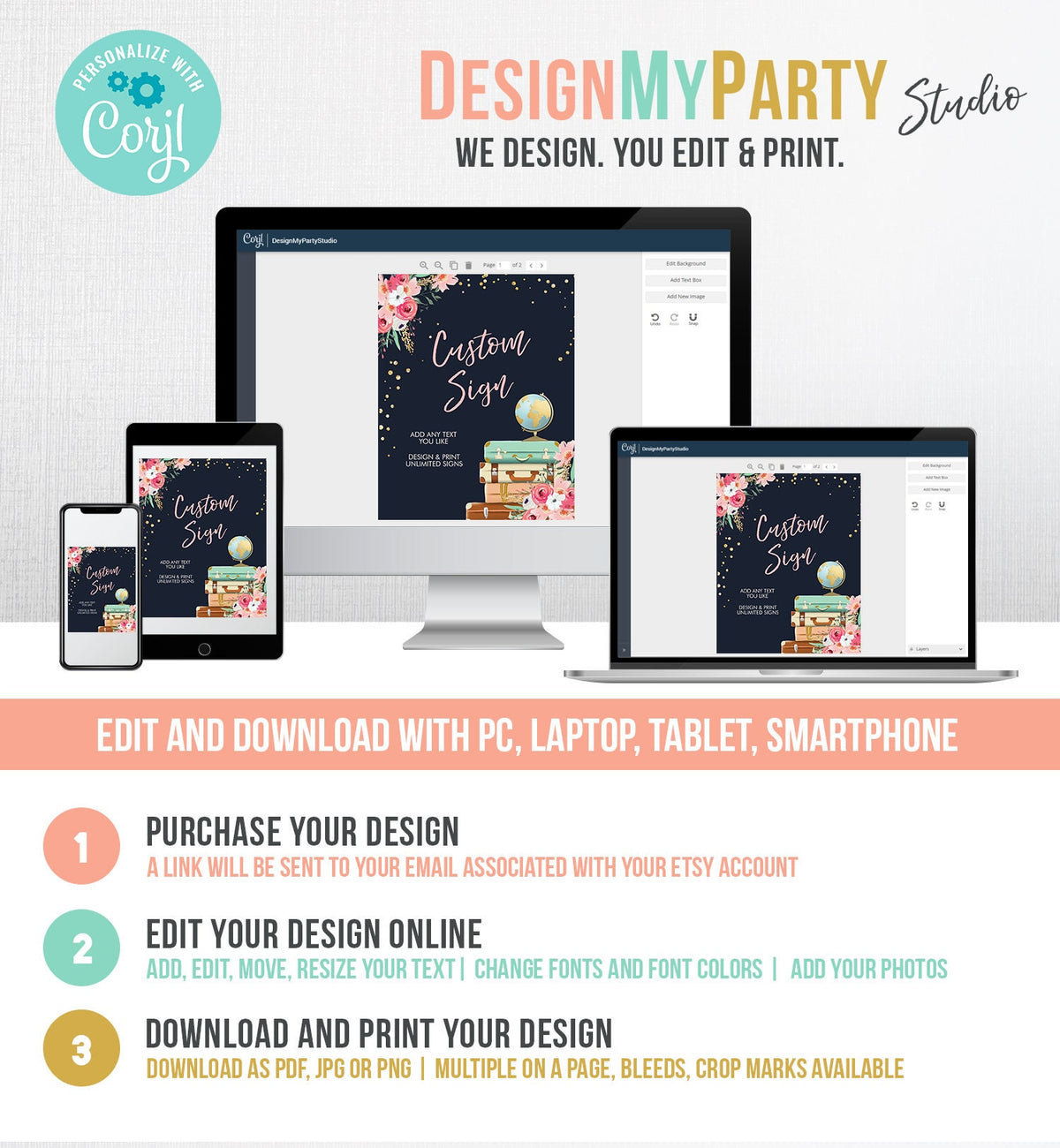 Editable Custom Sign Floral Travel Adventure Bridal Shower Traveling Miss to Mrs Flowers Pink Gold Navy Blue Corjl Template Printable 0030