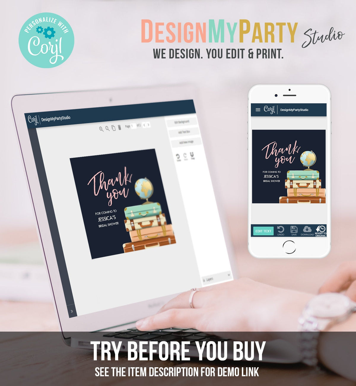 Editable Travel Thank You Tags Miss to Mrs Bridal Shower Favor Labels Navy Blue Pink Adventure Round Stickers Suitcases Template Corjl 0030