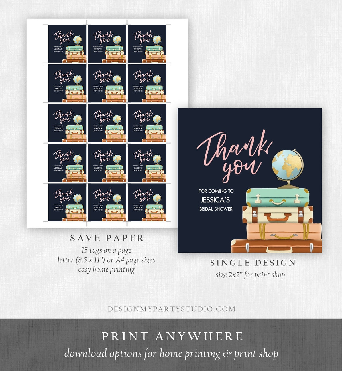 Editable Travel Thank You Tags Miss to Mrs Bridal Shower Favor Labels Navy Blue Pink Adventure Round Stickers Suitcases Template Corjl 0030