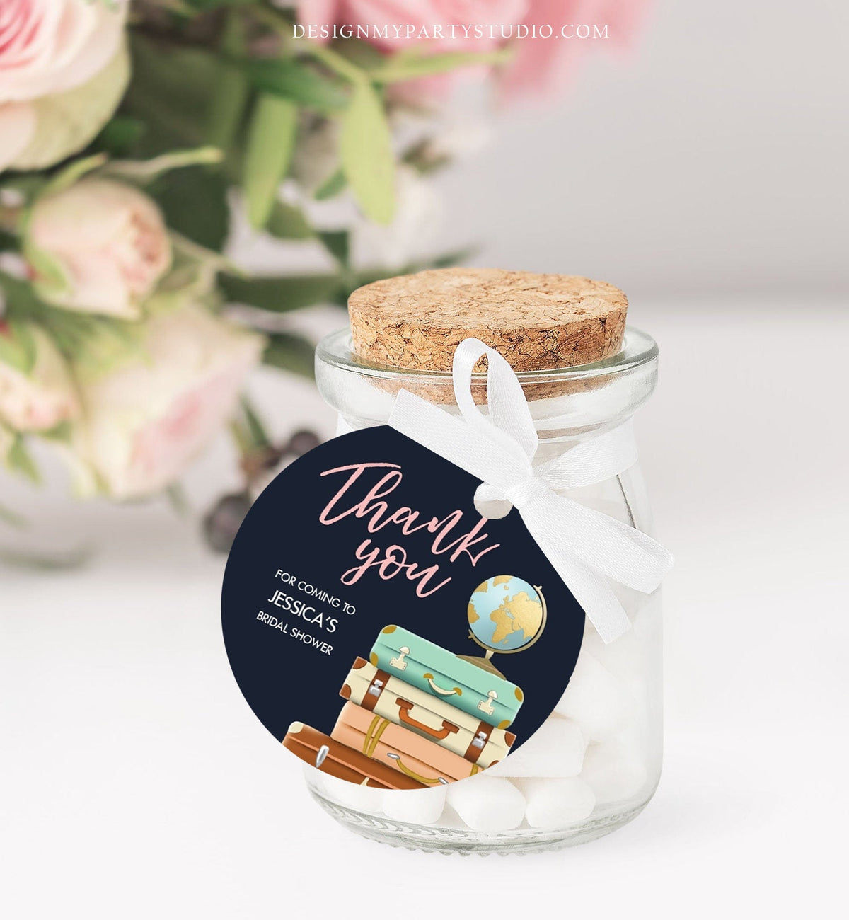 Editable Travel Thank You Tags Miss to Mrs Bridal Shower Favor Labels Navy Blue Pink Adventure Round Stickers Suitcases Template Corjl 0030