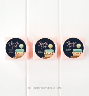 Editable Travel Thank You Tags Miss to Mrs Bridal Shower Favor Labels Navy Blue Pink Adventure Round Stickers Suitcases Template Corjl 0030