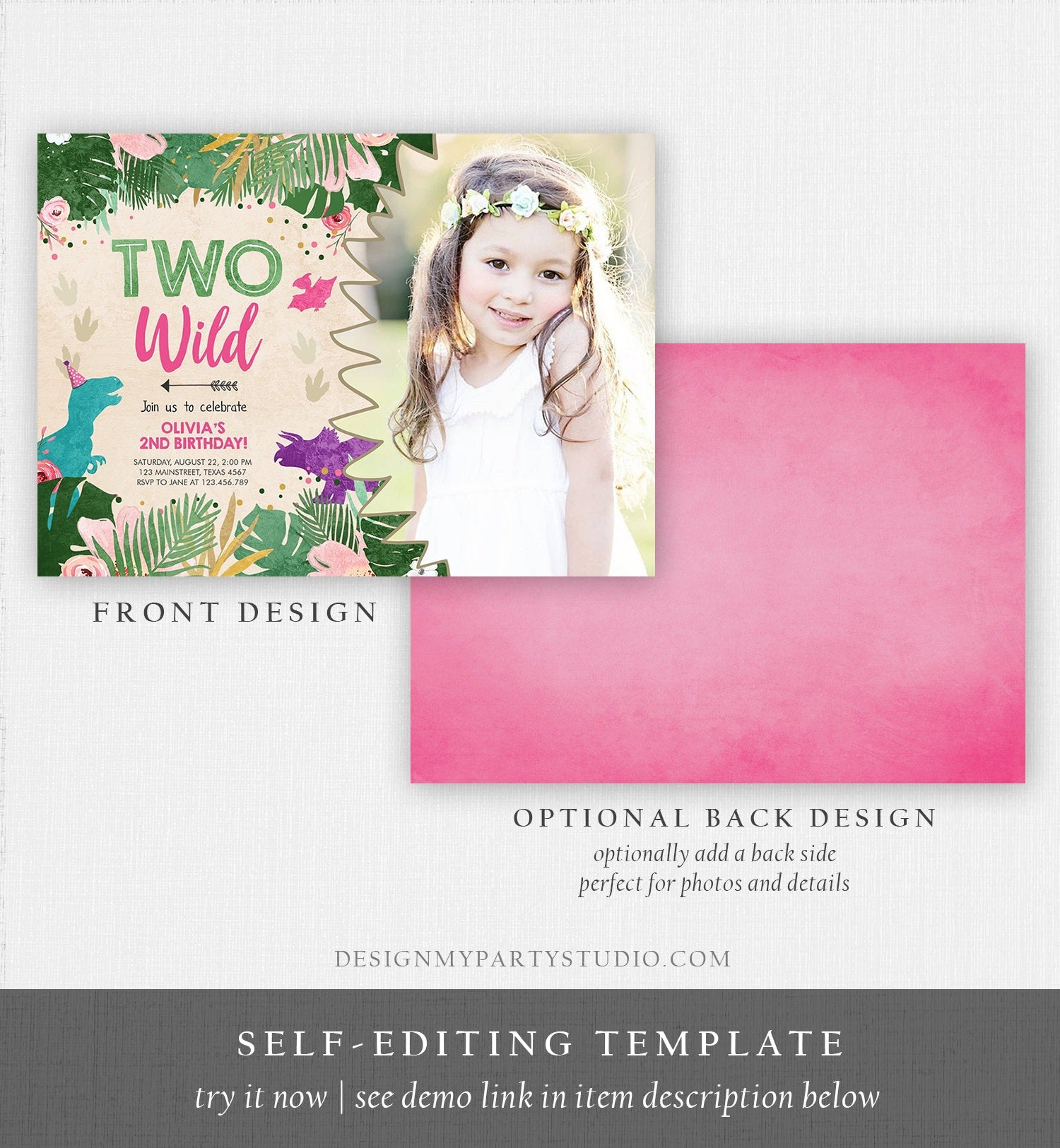 Editable Two Wild Birthday Invitation Dinosaur Dino Party Girl 2nd Second Birthday Born to Pink Purple Digital Corjl Template Printable 0388