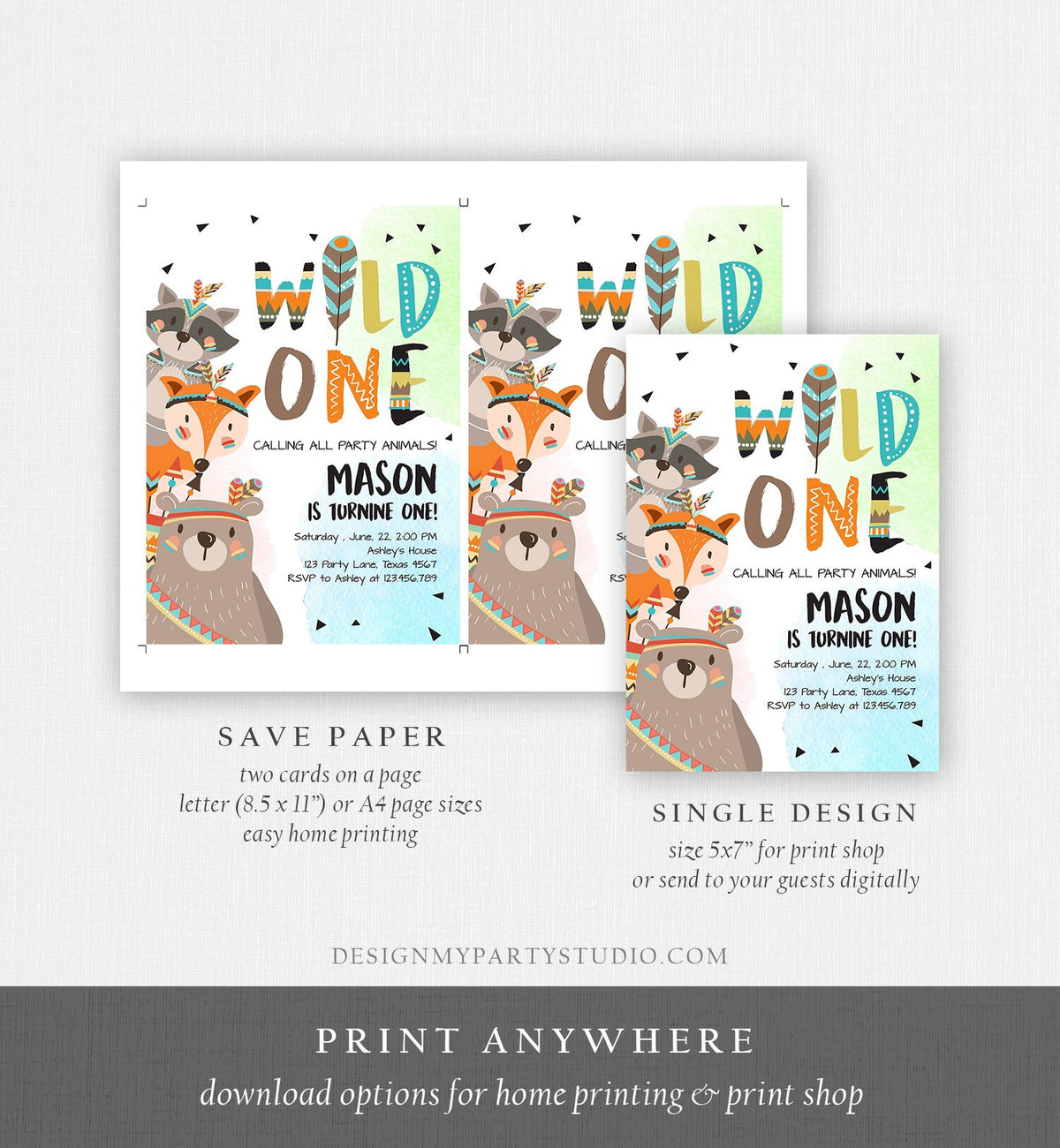 Editable Tribal Woodland Wild One First Birthday Invitation Boho Woodland Animals Boy Instant Download Printable Template Corjl Digital 0061