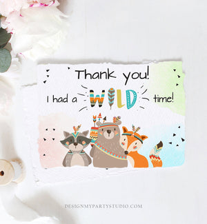 Editable Tribal Woodland Animals Thank You Card Wild One Thank You Note Boy First Birthday Digital Download Corjl Template Printable 0061