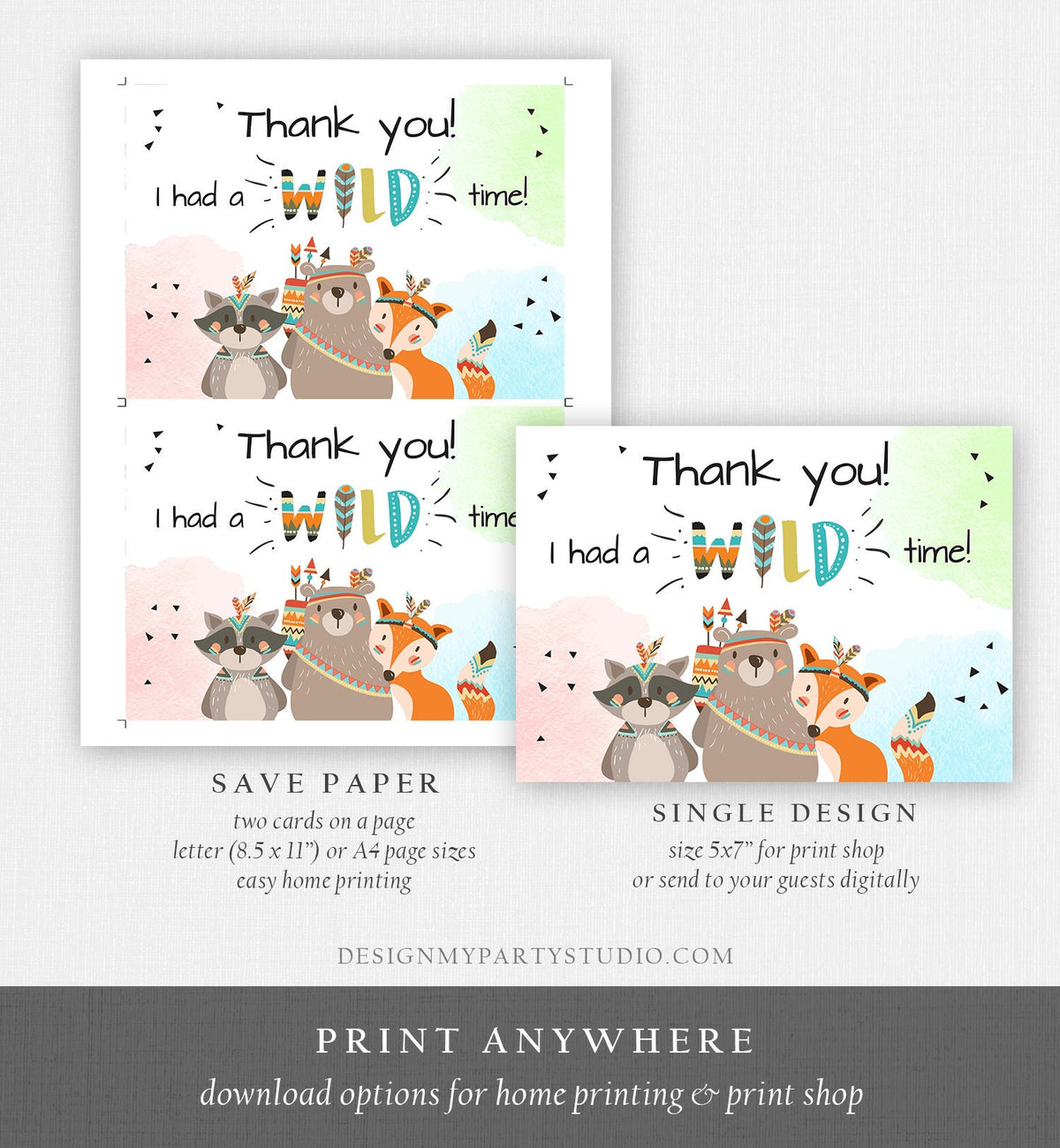 Editable Tribal Woodland Animals Thank You Card Wild One Thank You Note Boy First Birthday Digital Download Corjl Template Printable 0061