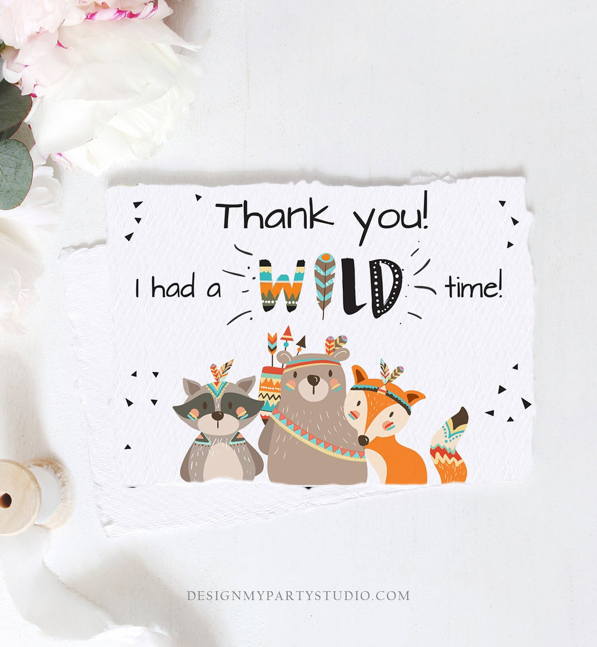 Editable Tribal Woodland Animals Thank You Card Wild One Thank You Note Boy First Birthday Digital Download Corjl Template Printable 0061