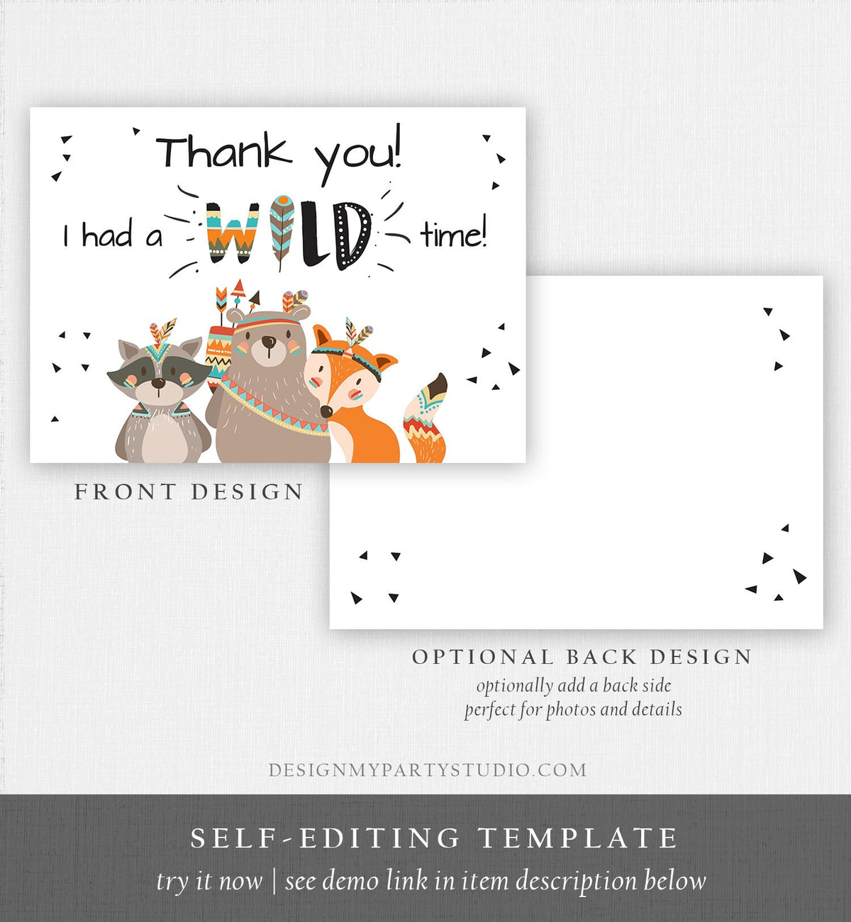 Editable Tribal Woodland Animals Thank You Card Wild One Thank You Note Boy First Birthday Digital Download Corjl Template Printable 0061
