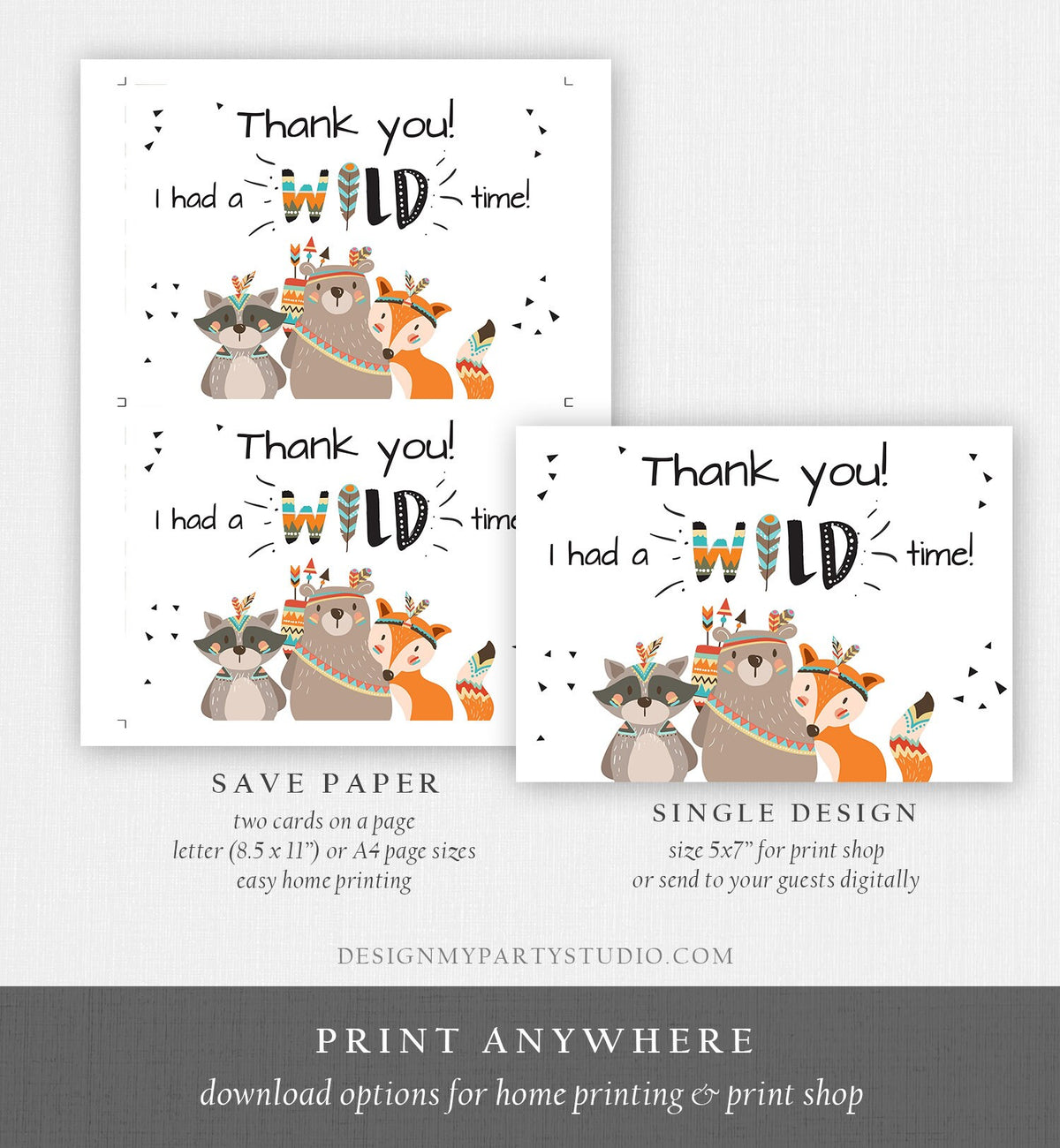 Editable Tribal Woodland Animals Thank You Card Wild One Thank You Note Boy First Birthday Digital Download Corjl Template Printable 0061