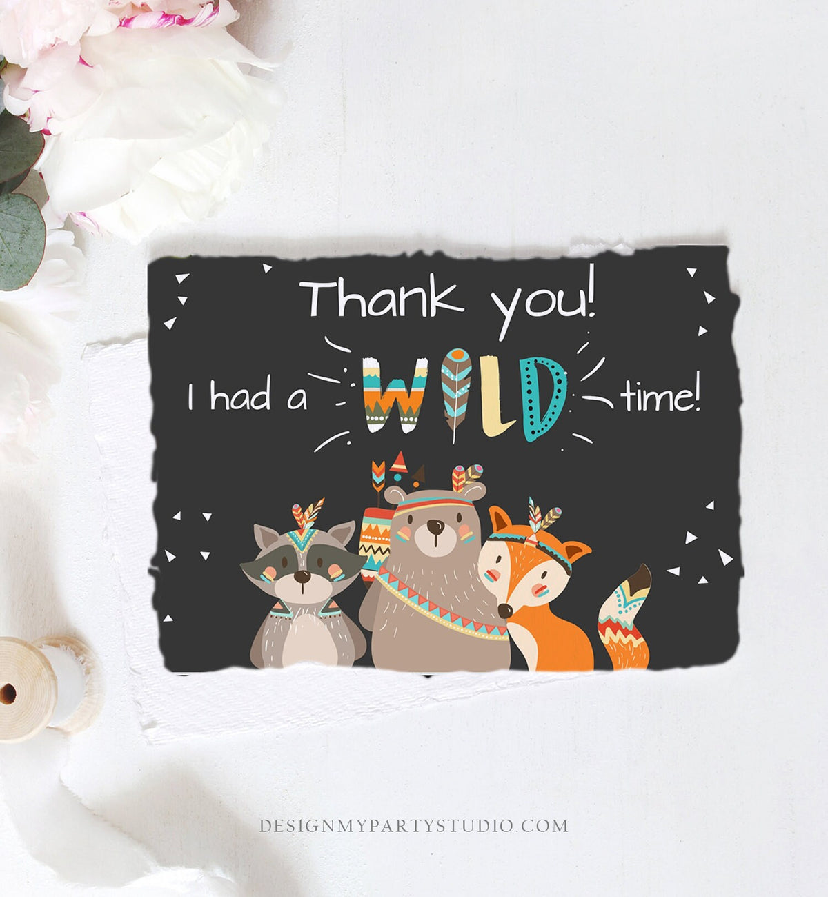 Editable Tribal Woodland Animals Thank You Card Wild One Thank You Note Boy First Birthday Digital Download Corjl Template Printable 0061