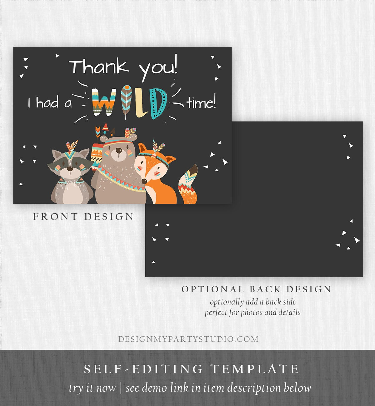 Editable Tribal Woodland Animals Thank You Card Wild One Thank You Note Boy First Birthday Digital Download Corjl Template Printable 0061