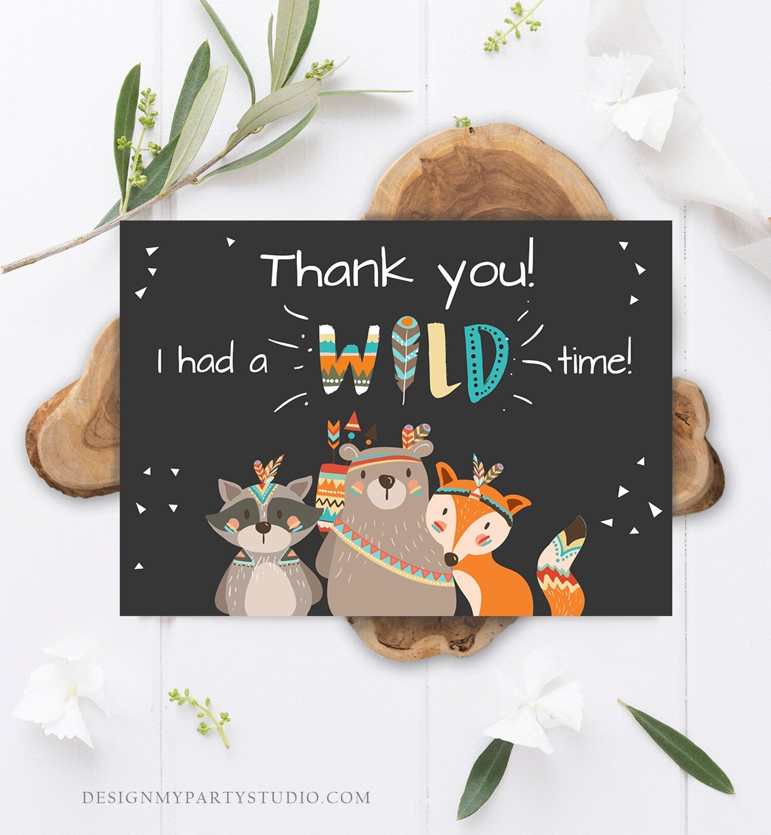 Editable Tribal Woodland Animals Thank You Card Wild One Thank You Note Boy First Birthday Digital Download Corjl Template Printable 0061