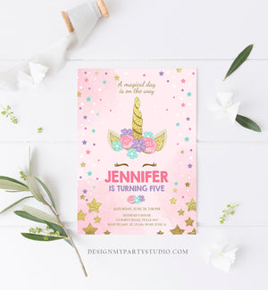 Editable Magical Unicorn Birthday Invitation ANY AGE Pastel Pink Girl Gold Stars Party Floral Digital Download Corjl Template Printable 0041
