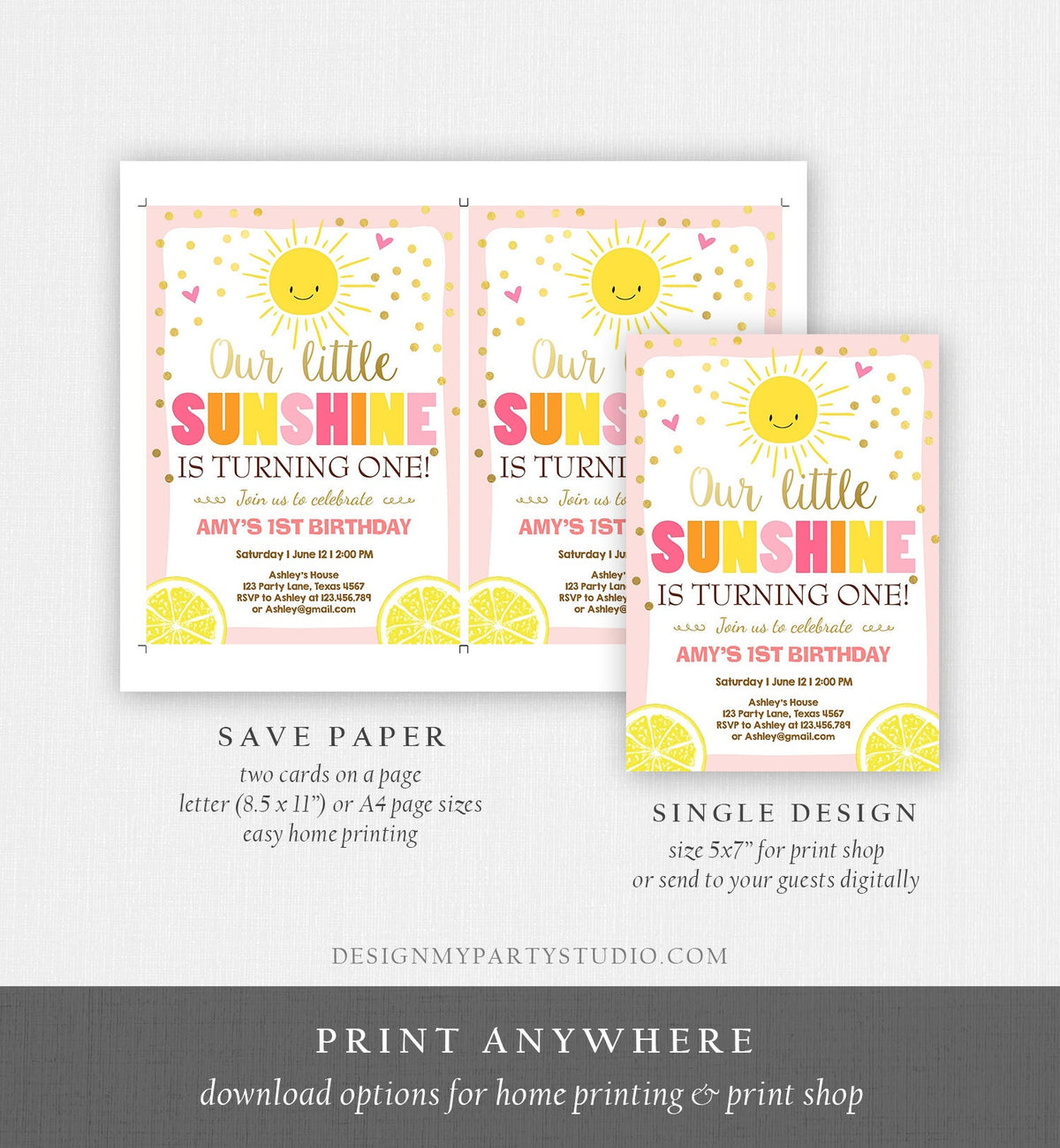 Editable Sunshine and Lemonade Birthday Invitation You are My Sunshine Pink Girl Summer Download Printable Invitation Template Corjl 0070
