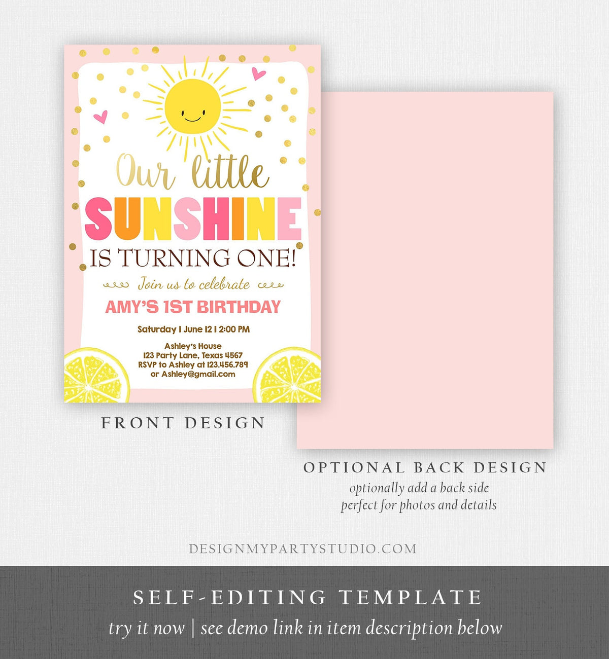 Editable Sunshine and Lemonade Birthday Invitation You are My Sunshine Pink Girl Summer Download Printable Invitation Template Corjl 0070