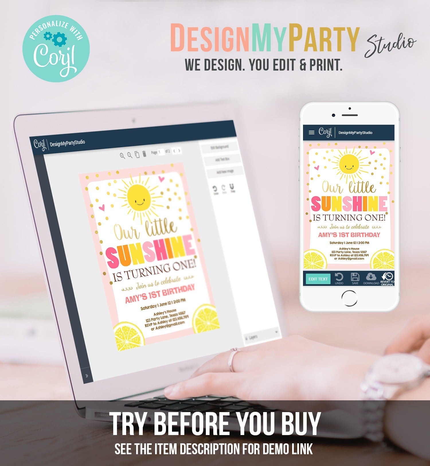 Editable Sunshine and Lemonade Birthday Invitation You are My Sunshine Pink Girl Summer Download Printable Invitation Template Corjl 0070