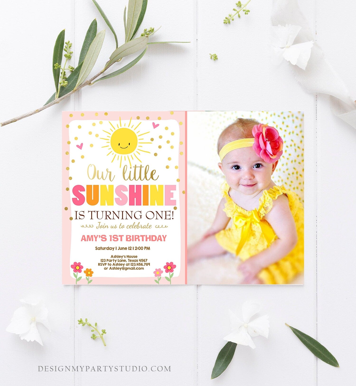 Editable Our Little Sunshine Birthday Invitation You Are My Sunshine First Birthday 1st Party Pink Girl Bow Download Corjl Template 0070