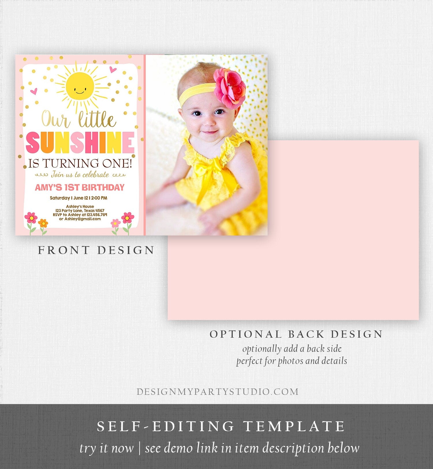 Editable Our Little Sunshine Birthday Invitation You Are My Sunshine First Birthday 1st Party Pink Girl Bow Download Corjl Template 0070