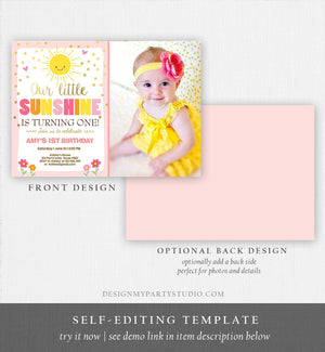 Editable Our Little Sunshine Birthday Invitation You Are My Sunshine First Birthday 1st Party Pink Girl Bow Download Corjl Template 0070