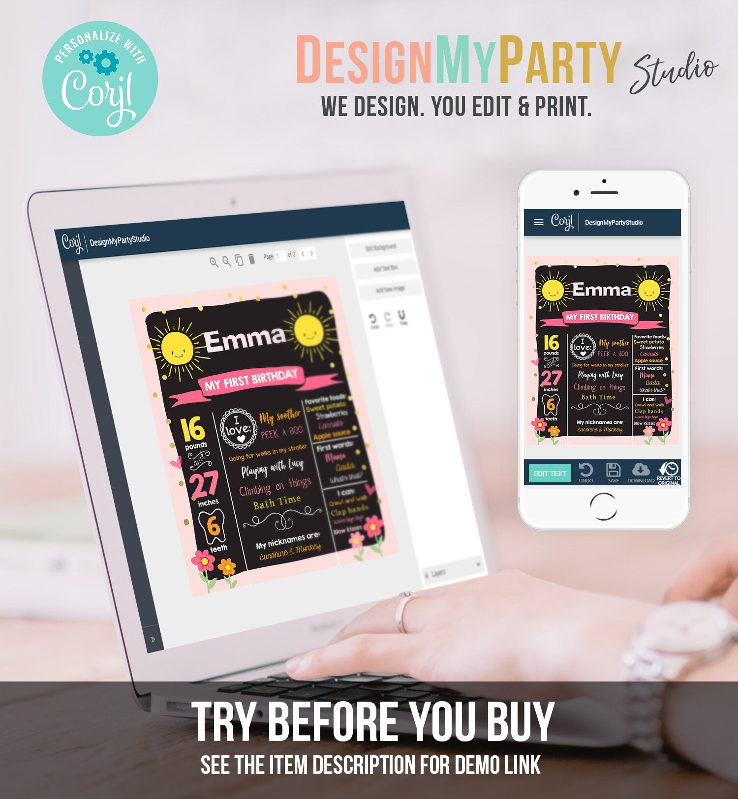 Editable Little Sunshine Birthday Milestones Sign Summer First Birthday 1st Birthday Girl Pink Download Template Printable Corjl 0070