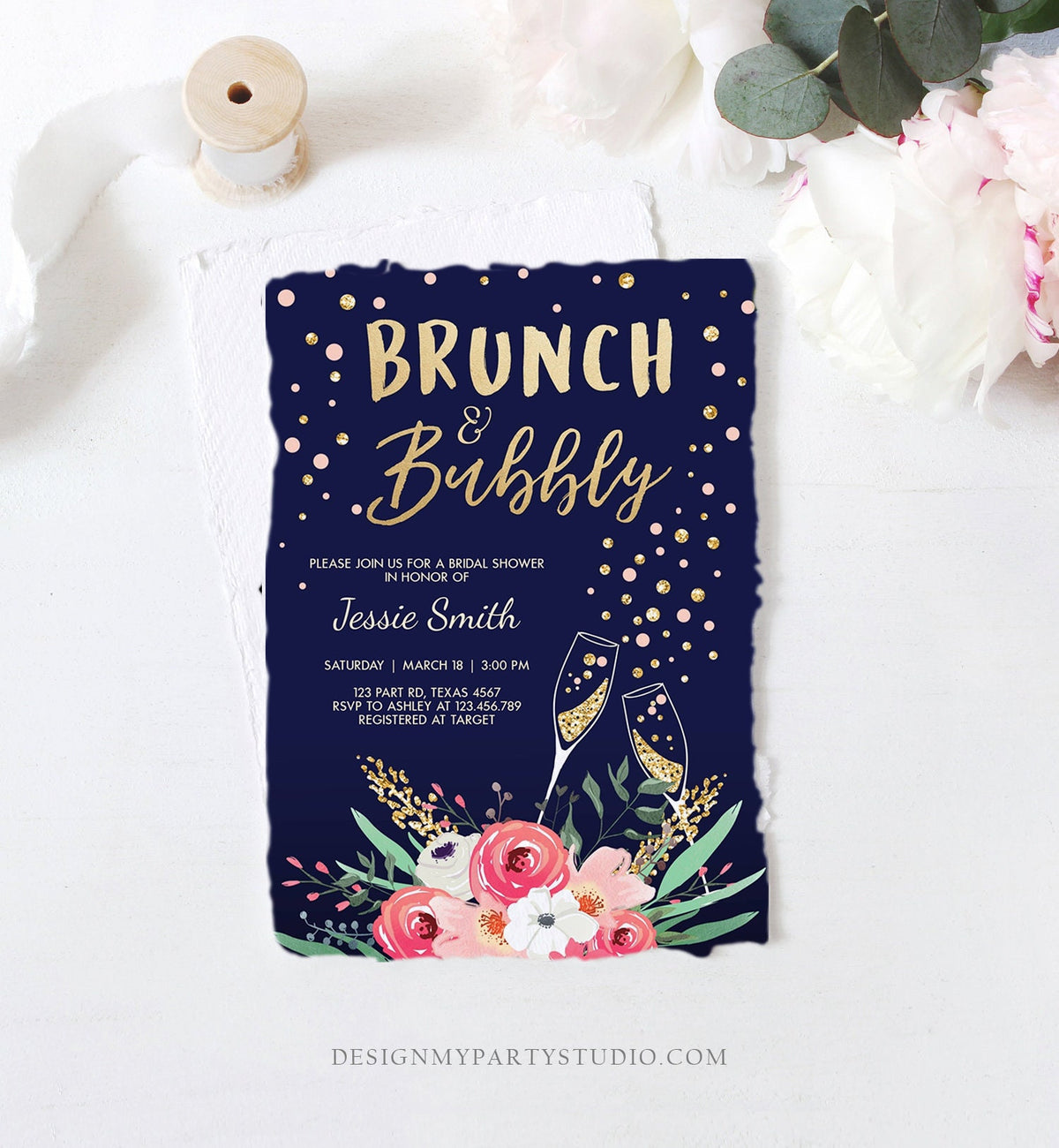 Editable Brunch and Bubbly Bridal Shower Invitation Floral Champagne Gold Pink Navy Wedding Download Printable Template Digital Corjl 0030
