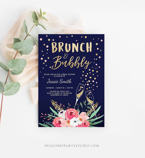 Editable Brunch and Bubbly Bridal Shower Invitation Floral Champagne Gold Pink Navy Wedding Download Printable Template Digital Corjl 0030