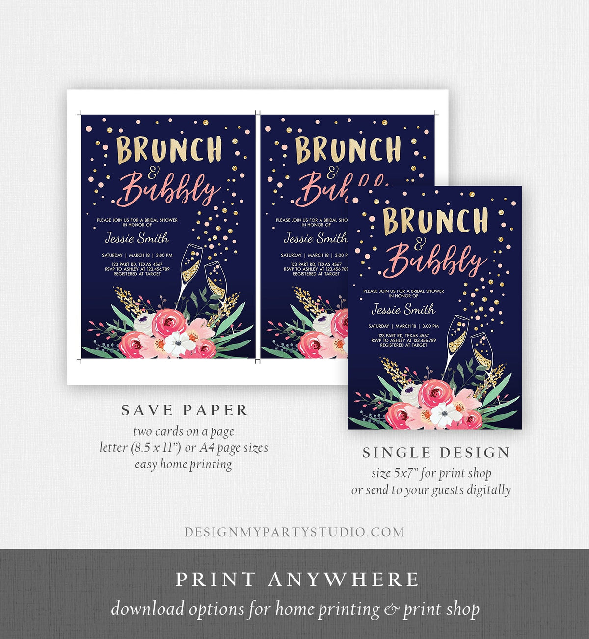 Editable Brunch and Bubbly Bridal Shower Invitation Floral Champagne Gold Pink Navy Wedding Download Printable Template Digital Corjl 0030