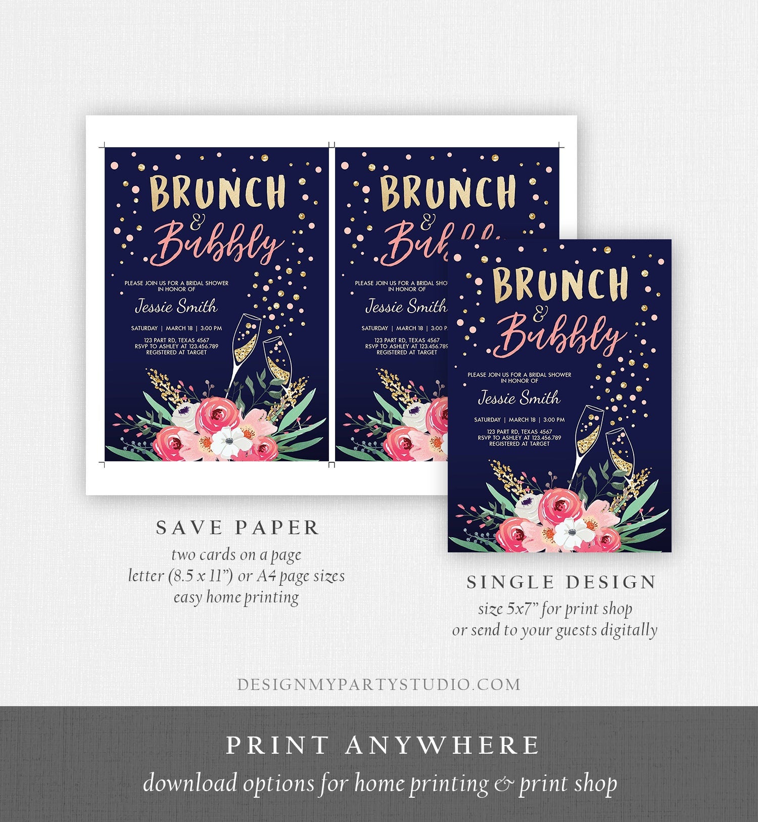 Editable Brunch and Bubbly Bridal Shower Invitation Floral Champagne Gold Pink Navy Wedding Download Printable Template Digital Corjl 0030