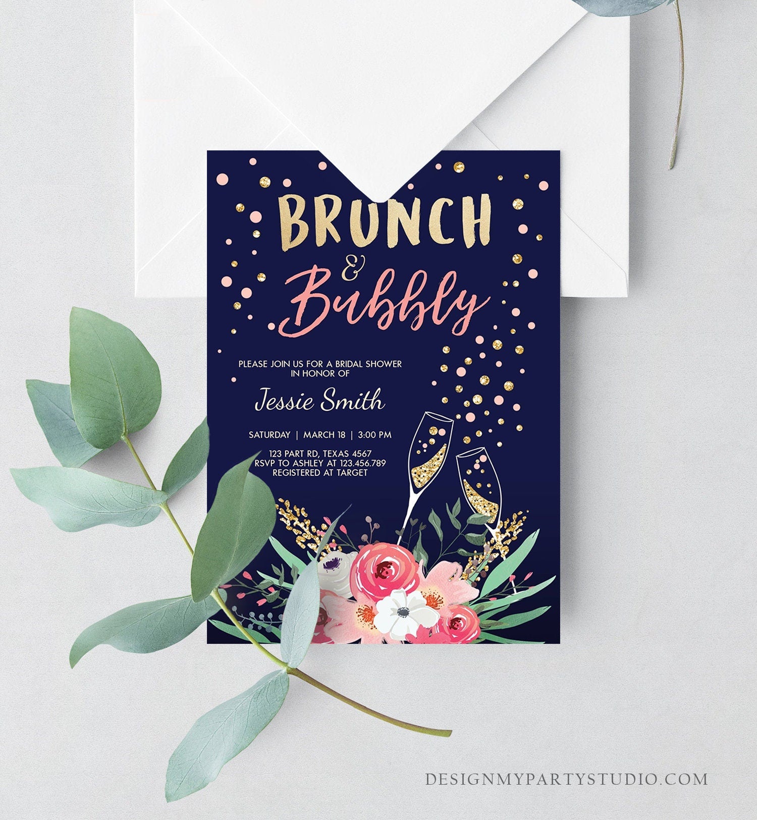 Editable Brunch and Bubbly Bridal Shower Invitation Floral Champagne Gold Pink Navy Wedding Download Printable Template Digital Corjl 0030