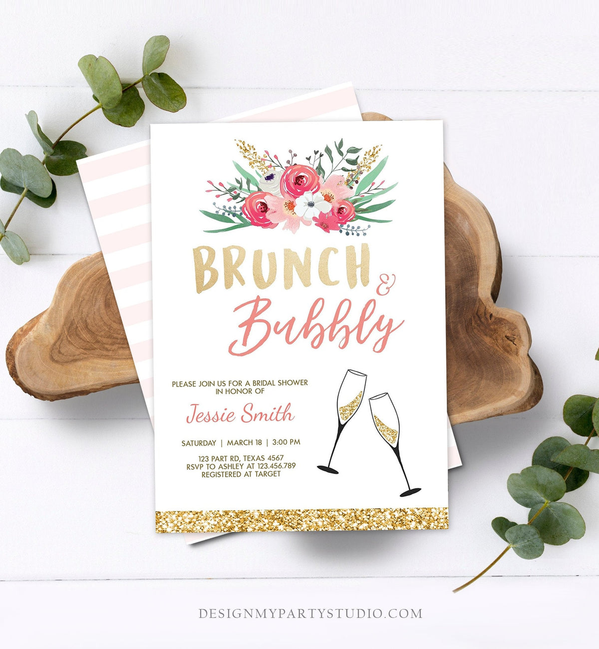 Editable Brunch and Bubbly Bridal Shower Invitation Floral Champagne Gold Pink Wedding Download Printable Template Digital Corjl 0318