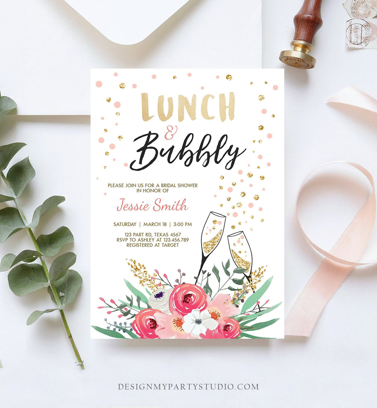 Editable Lunch and Bubbly Bridal Shower Invitation Floral Champagne Gold Pink Wedding Brunch Download Printable Template Digital Corjl 0318
