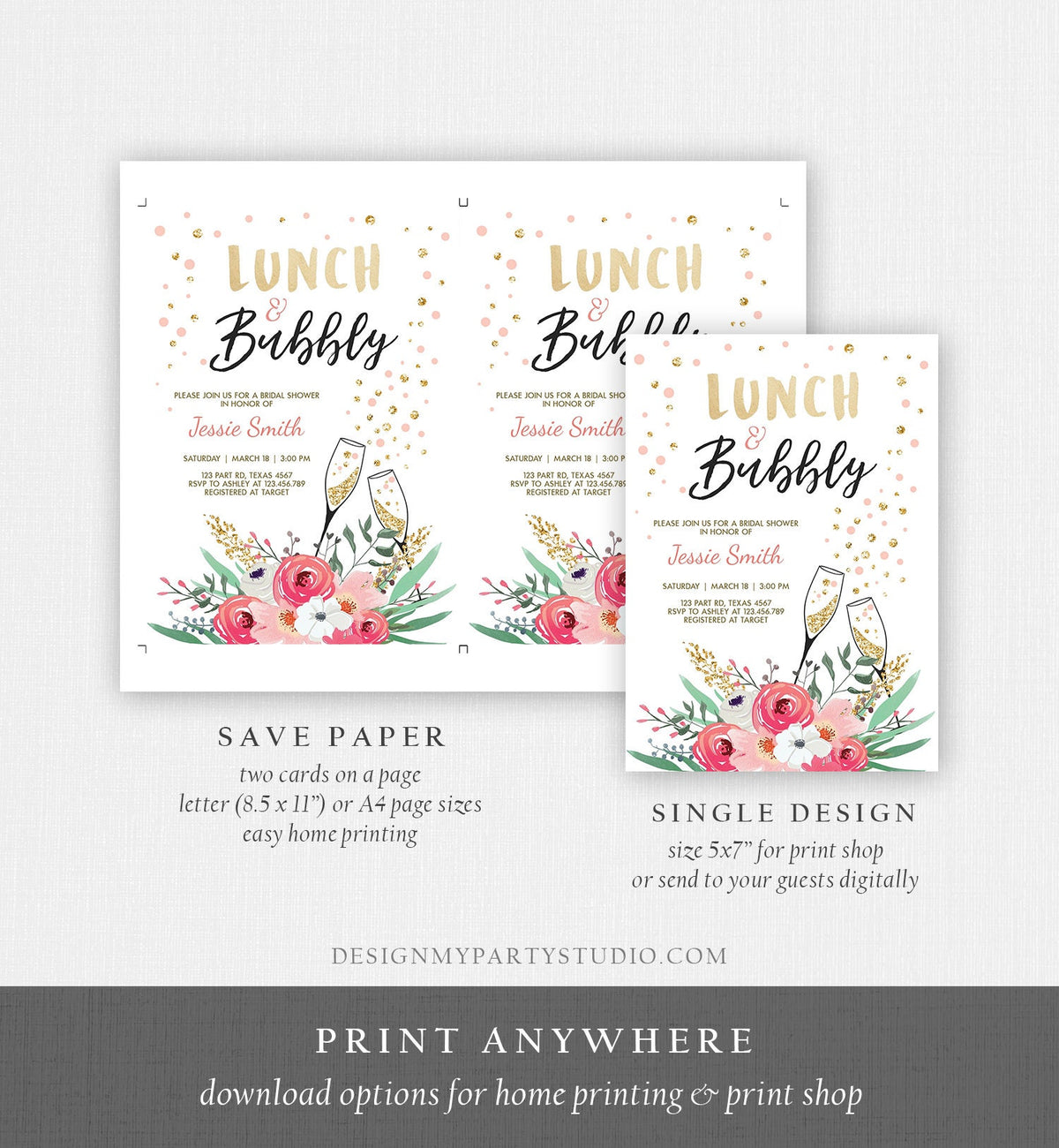 Editable Lunch and Bubbly Bridal Shower Invitation Floral Champagne Gold Pink Wedding Brunch Download Printable Template Digital Corjl 0318