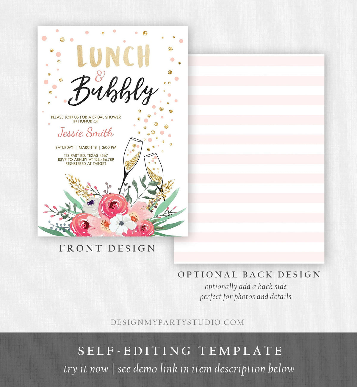Editable Lunch and Bubbly Bridal Shower Invitation Floral Champagne Gold Pink Wedding Brunch Download Printable Template Digital Corjl 0318