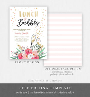 Editable Lunch and Bubbly Bridal Shower Invitation Floral Champagne Gold Pink Wedding Brunch Download Printable Template Digital Corjl 0318