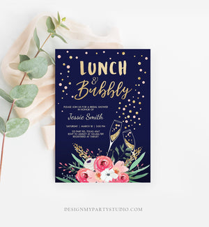 Editable Lunch and Bubbly Bridal Shower Invite Floral Champagne Gold Pink Navy Wedding Brunch Download Printable Template Digital Corjl 0318