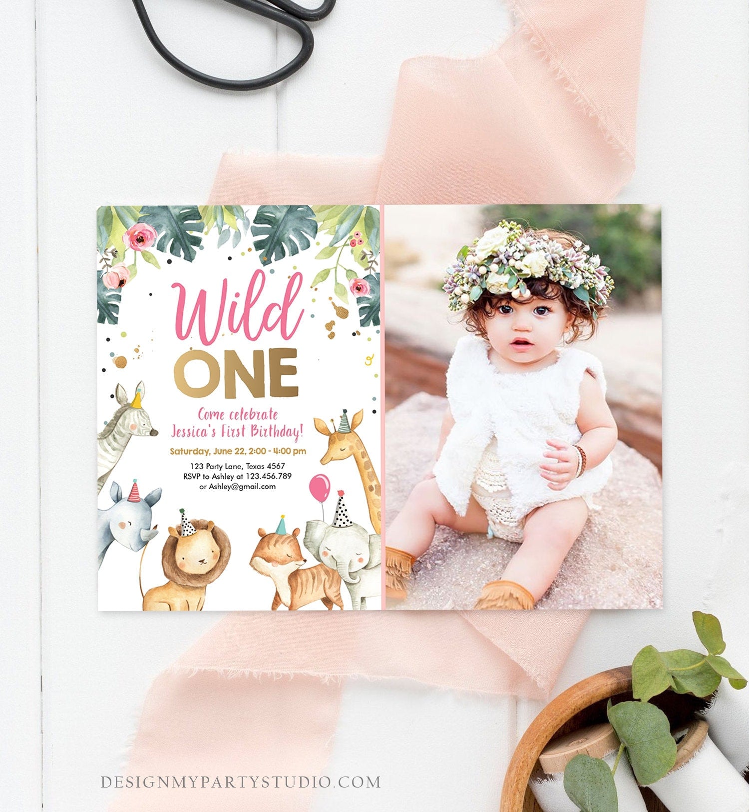 Editable Wild One Birthday Invitation Girl Safari Animals Invite Pink and Gold Party Animals Download Printable Template Corjl Digital 0163