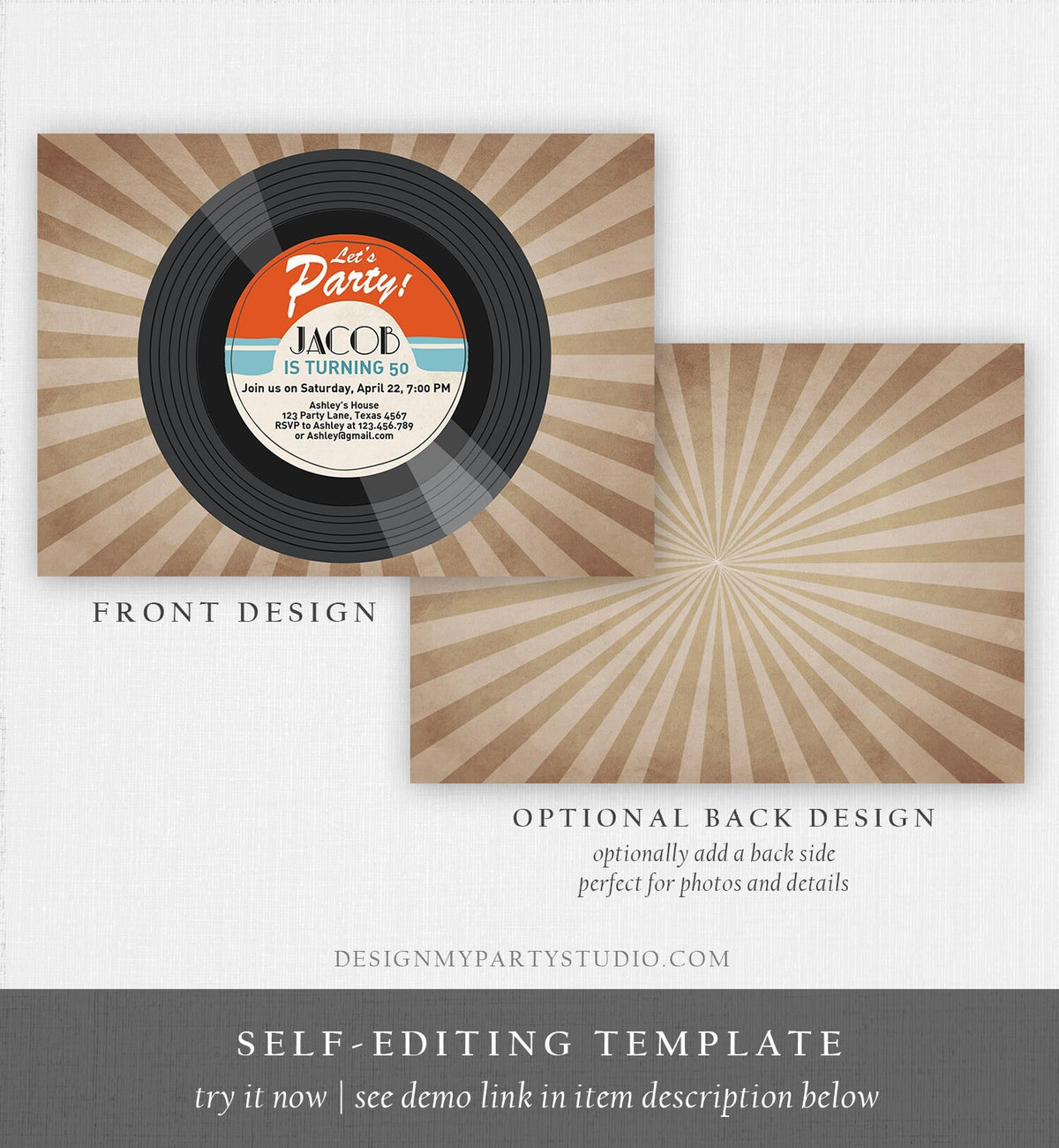 Editable Adult Birthday Invitation Vintage Vinyl Record Invite Oldies Surprise Birthday Download Printable Invitation Template Corjl 0294