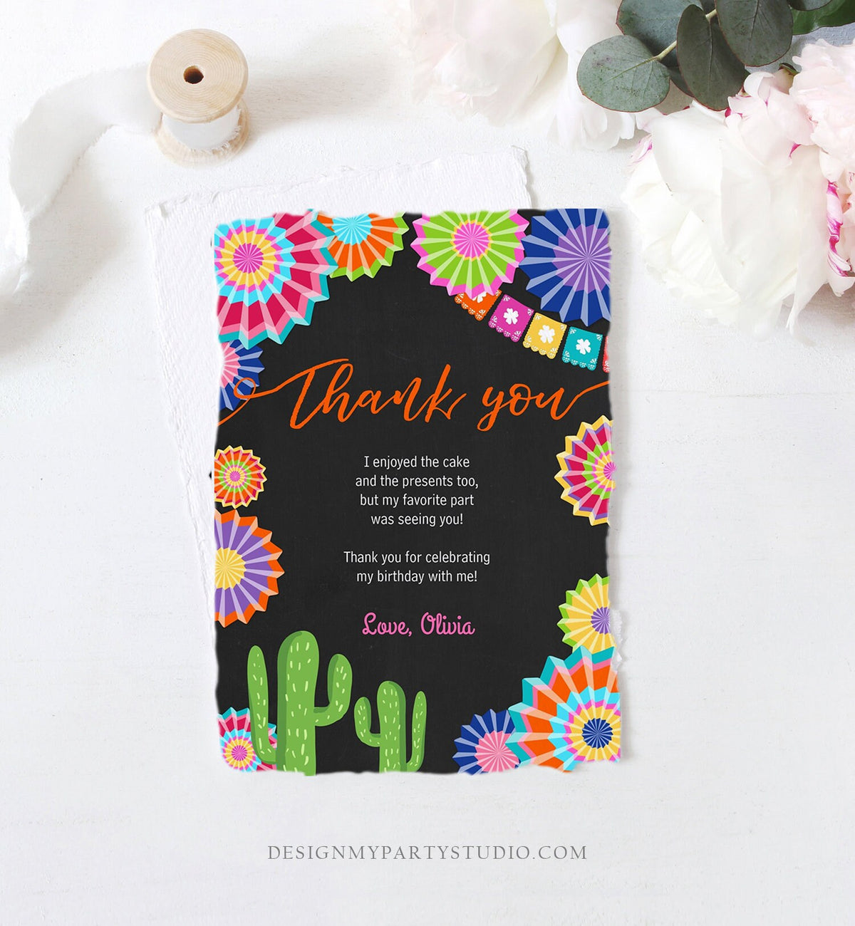 Editable Fiesta Birthday Thank You Card Insert Let&#39;s Fiesta Mexican Cactus Thank You Note Download Digital Corjl Template Printable 0236