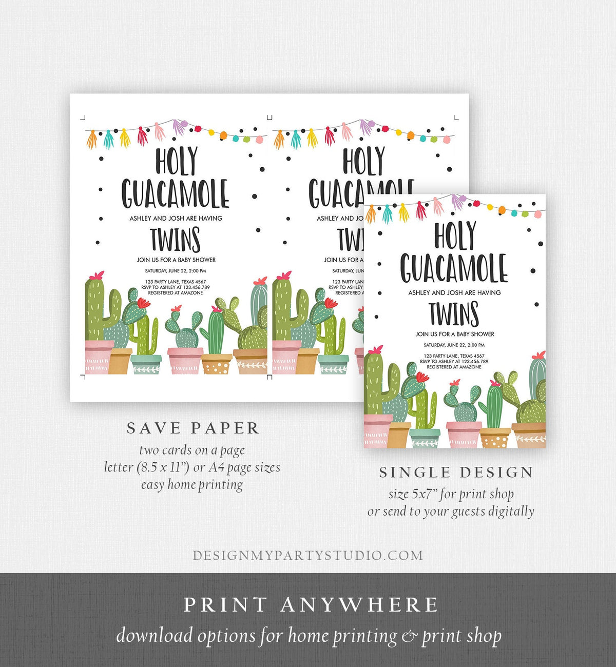Editable Holy Guacamole Fiesta Twins Baby Shower Invitation Twin Coed Joined Sprinkle Cactus Mexican Succulent Corjl Template Printable 0254