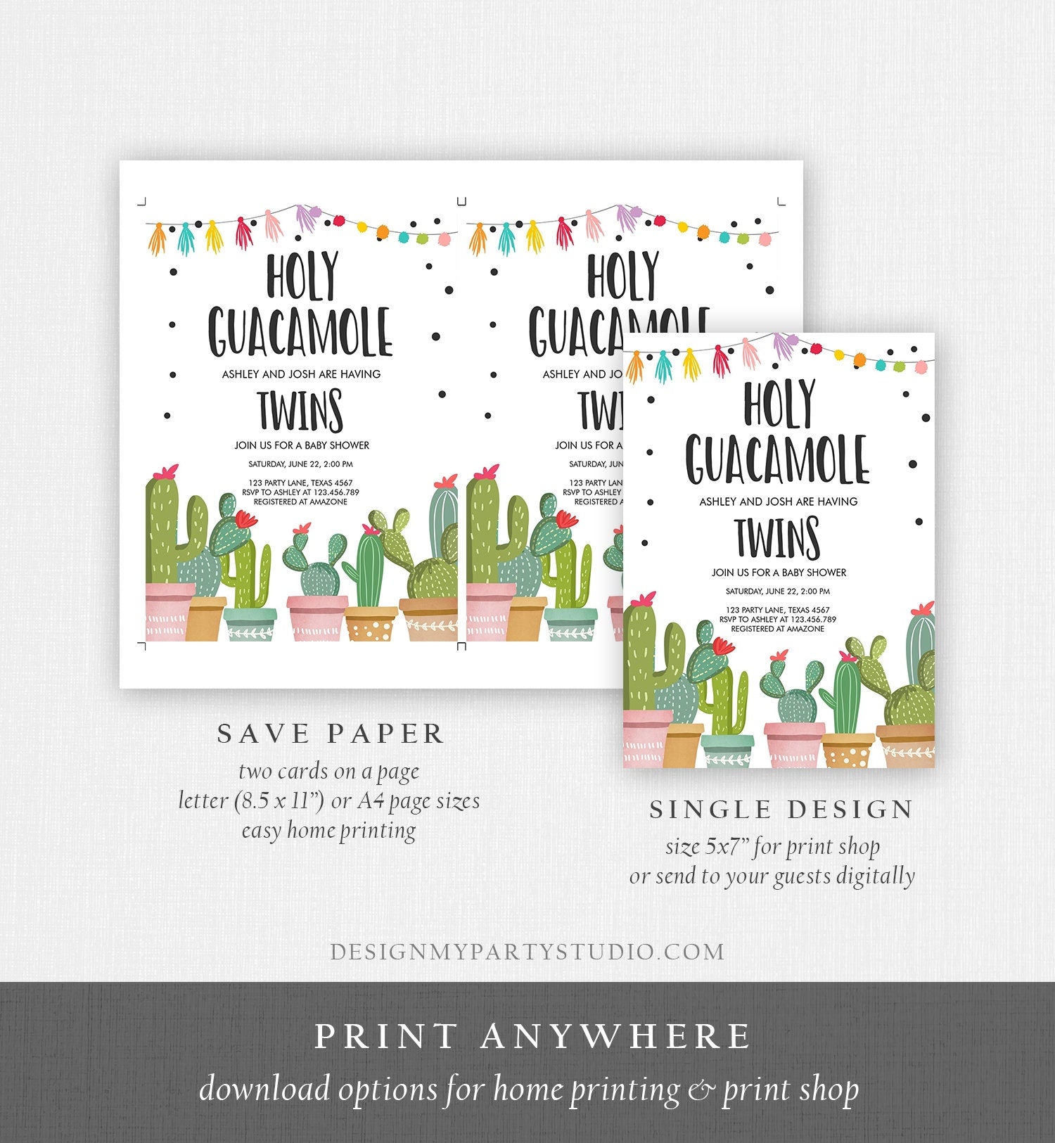 Editable Holy Guacamole Fiesta Twins Baby Shower Invitation Twin Coed Joined Sprinkle Cactus Mexican Succulent Corjl Template Printable 0254