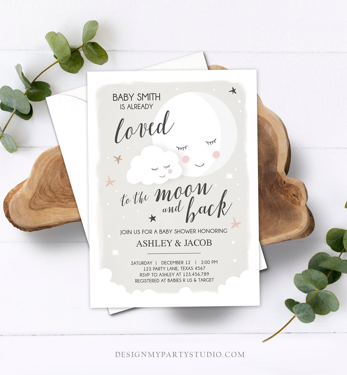 Editable Loved to the Moon Baby Shower Invitation Stars Moon and Back Invites Gender Neutral Grey Boy Sprinkle Template Download Corjl 0113