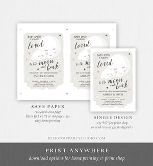 Editable Loved to the Moon Baby Shower Invitation Stars Moon and Back Invites Gender Neutral Grey Boy Sprinkle Template Download Corjl 0113