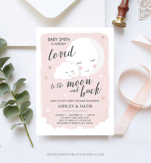 Editable Loved to the Moon Baby Shower Invitation Stars Moon and Back Invites Pink Girl Baby Shower Sprinkle Template Download Corjl 0113