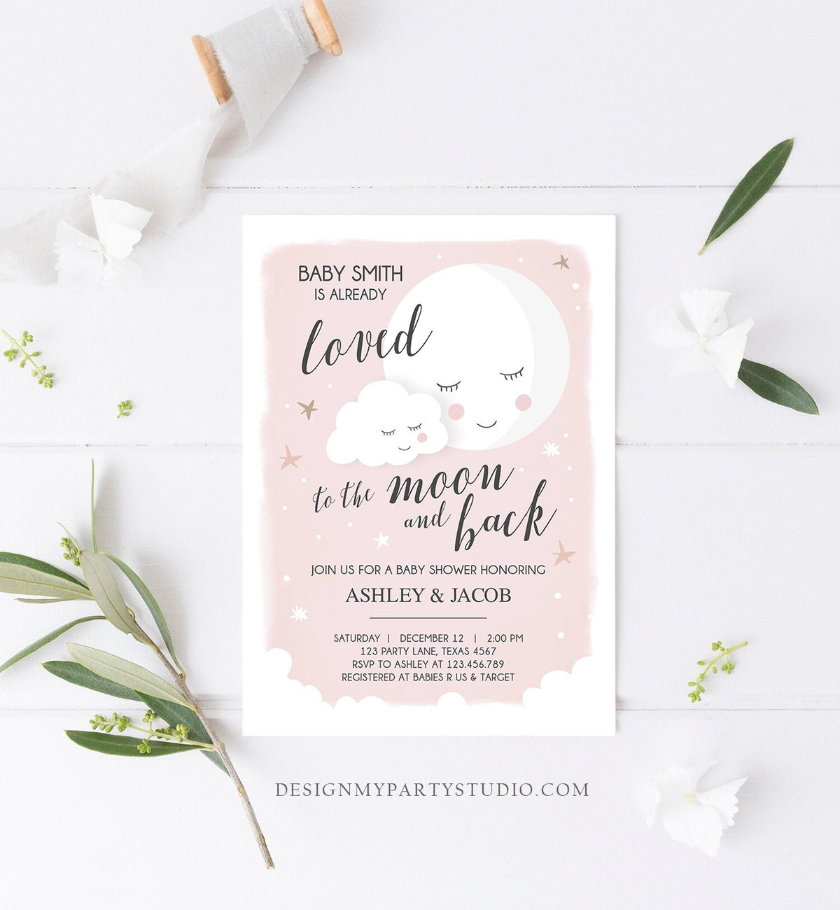 Editable Loved to the Moon Baby Shower Invitation Stars Moon and Back Invites Pink Girl Baby Shower Sprinkle Template Download Corjl 0113