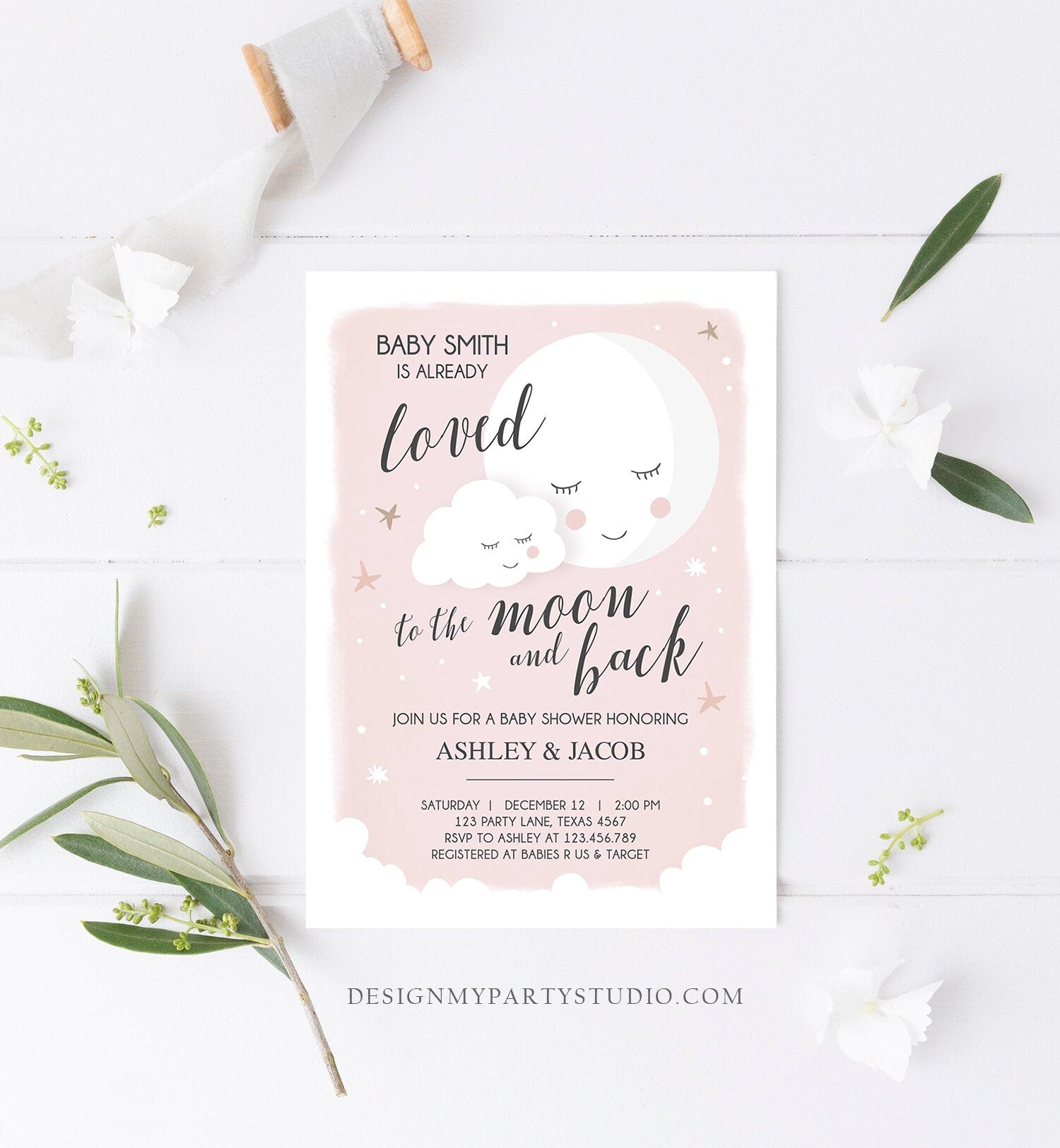 Editable Loved to the Moon Baby Shower Invitation Stars Moon and Back Invites Pink Girl Baby Shower Sprinkle Template Download Corjl 0113