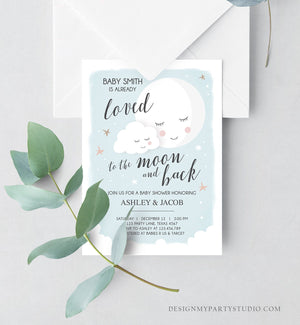Editable Loved to the Moon Baby Shower Invitation Stars Moon and Back Invites Blue Boy Baby Shower Sprinkle Template Download Corjl 0113