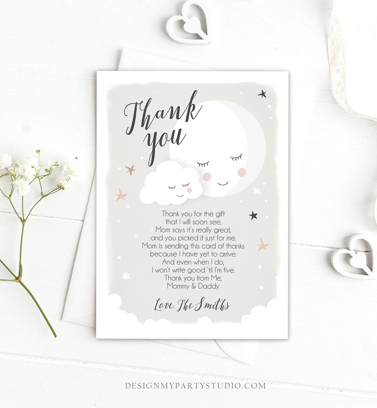 Editable Thank You Card Baby Shower Loved to the Moon and Back Stars Thank You Gender Neutral Sprinkle Template Instant Download Corjl 0113