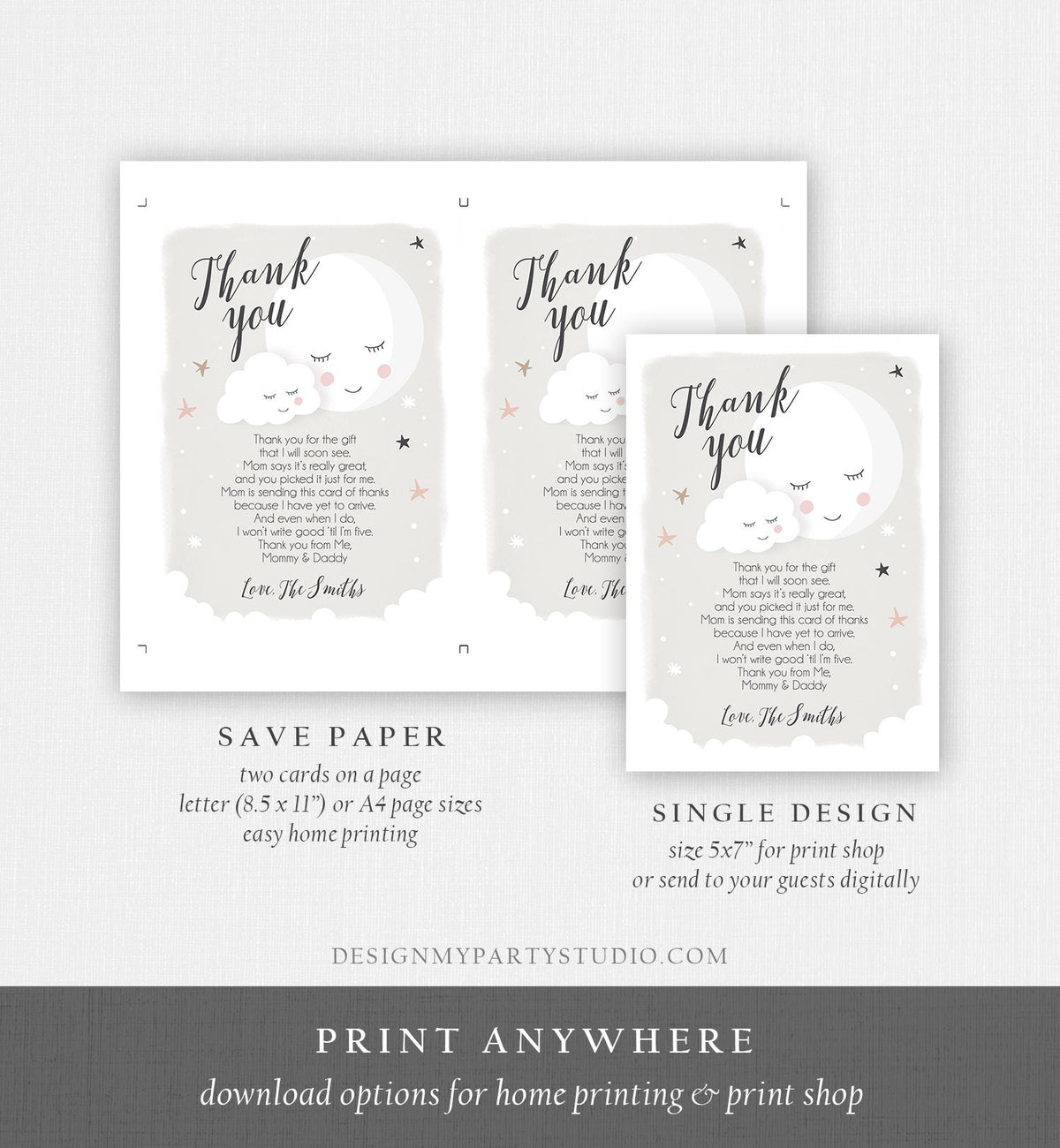 Editable Thank You Card Baby Shower Loved to the Moon and Back Stars Thank You Gender Neutral Sprinkle Template Instant Download Corjl 0113