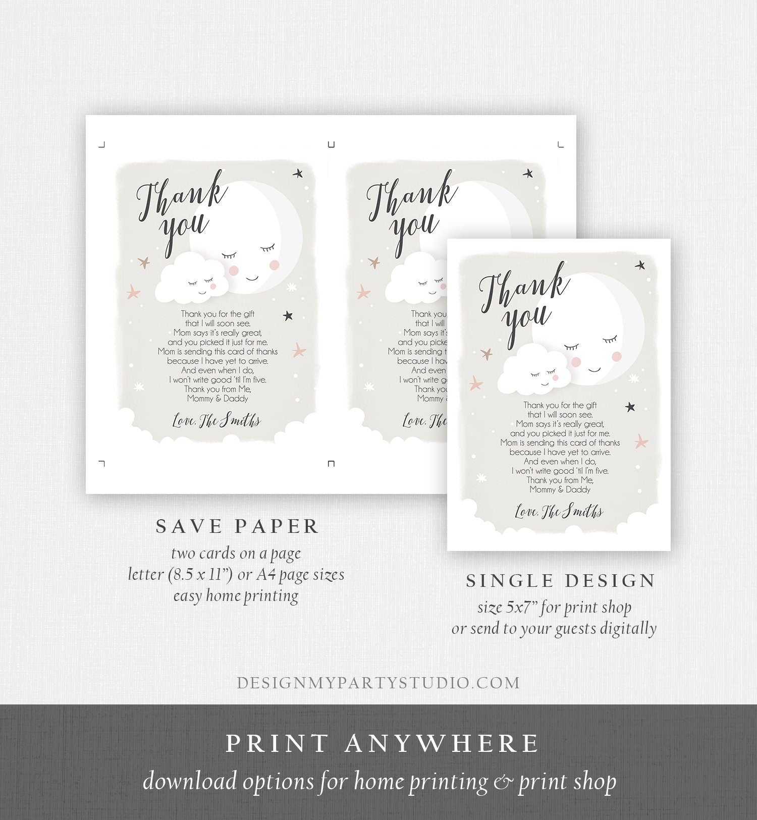 Editable Thank You Card Baby Shower Loved to the Moon and Back Stars Thank You Gender Neutral Sprinkle Template Instant Download Corjl 0113