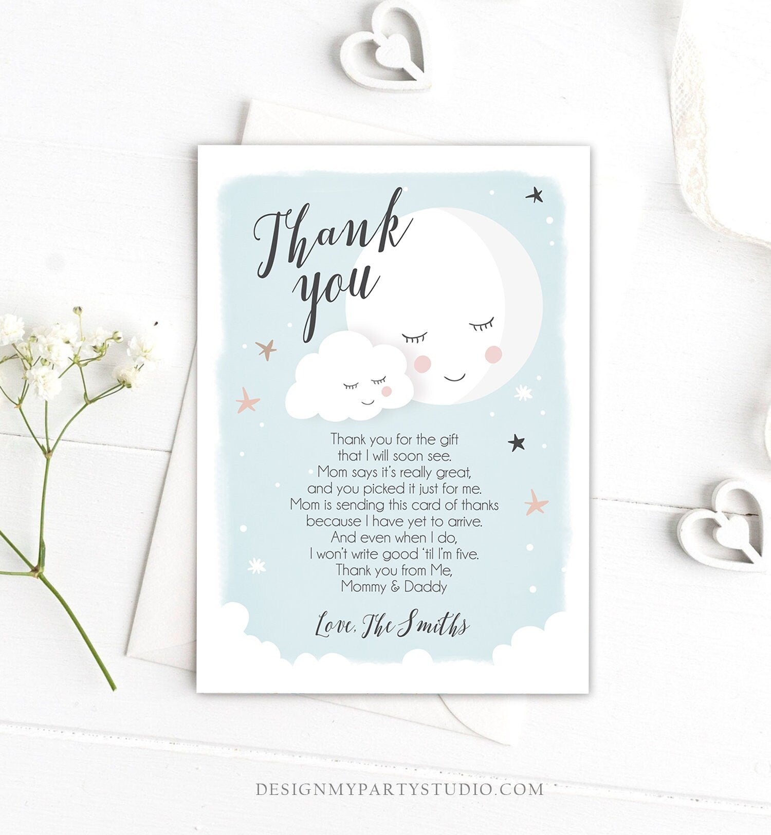 Editable Thank You Card Baby Shower Boy Loved to the Moon and Back Stars Thank You Blue Boy Sprinkle Template Instant Download Corjl 0113